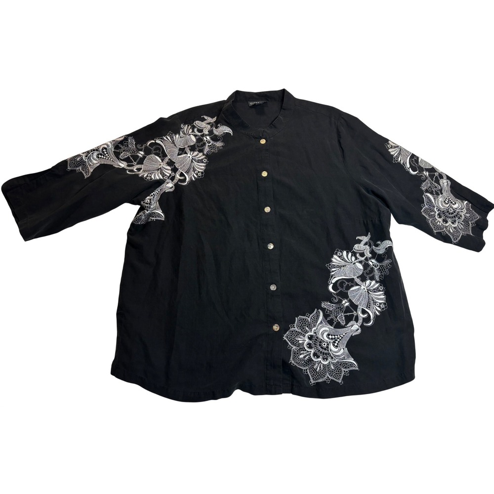 Citron Blouse Women's Black Excellent Silk Linen Floral Embroidery Size XL